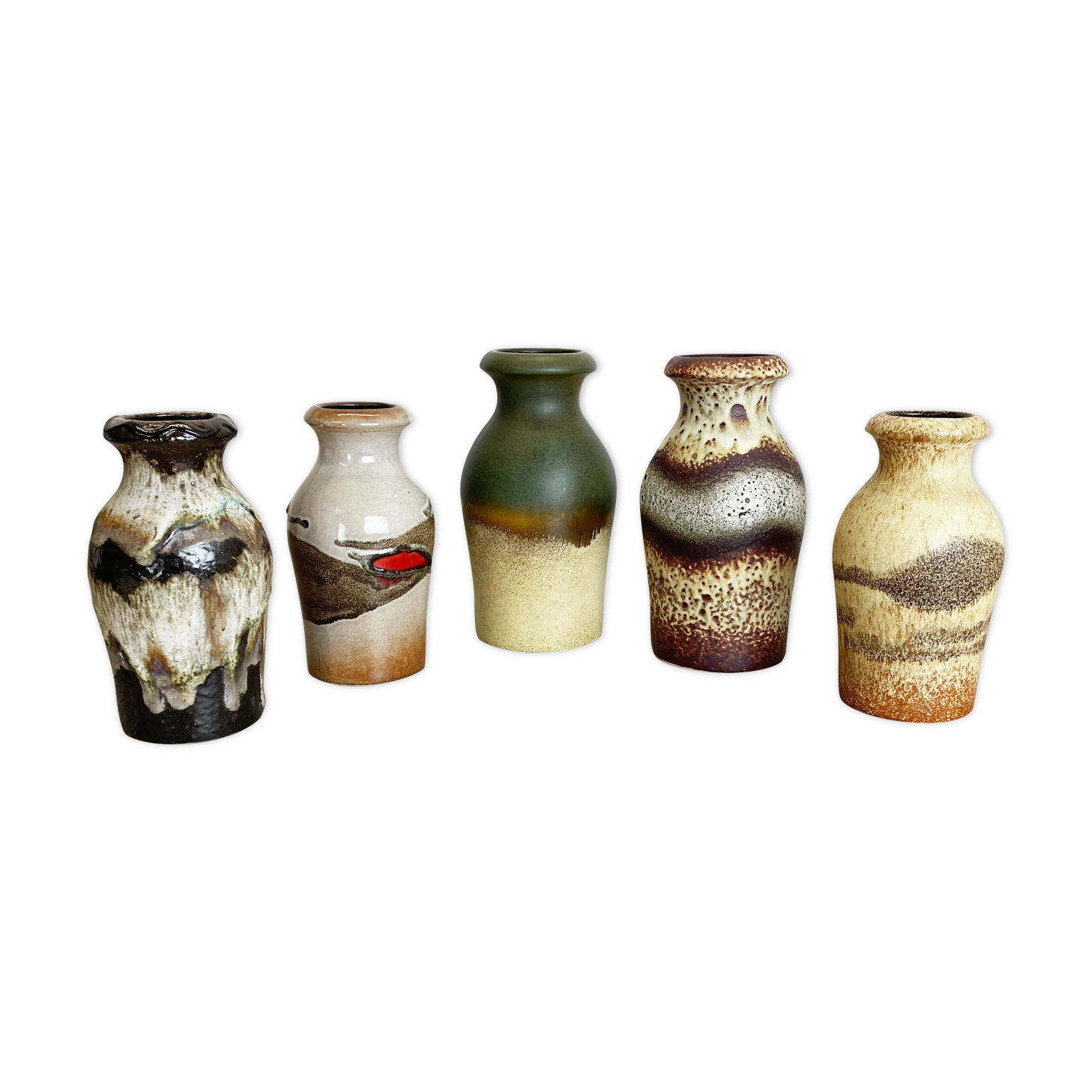 Set of Five Vintage Pottery Fat Lava Vases Made by Scheurich, Germany, 1970s