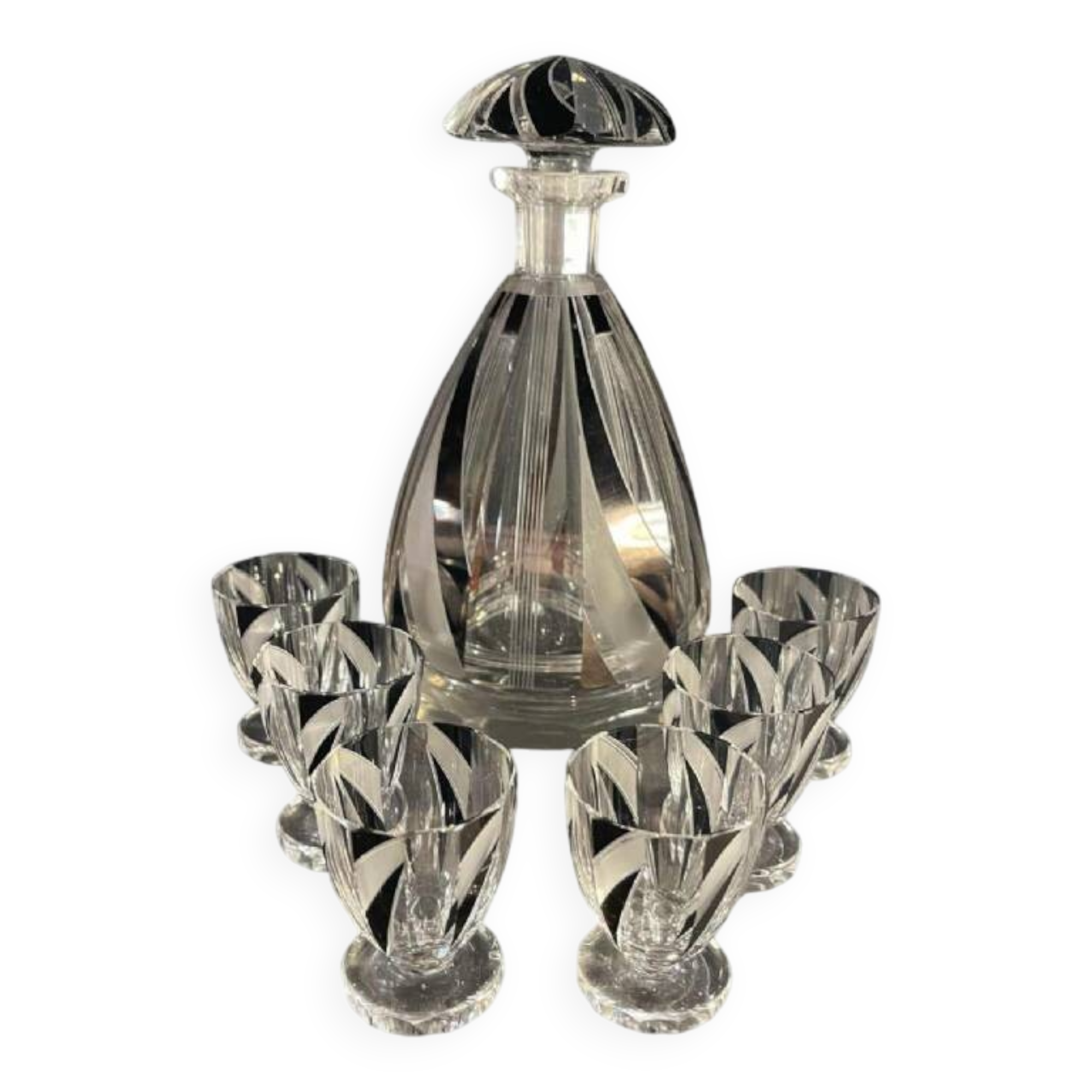 Art deco liqueur set, carafe & 6 glasses, cut double crystal, cubist decor, karl palda