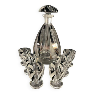 Art deco liqueur set, carafe & 6 glasses, cut double crystal, cubist decor, karl palda