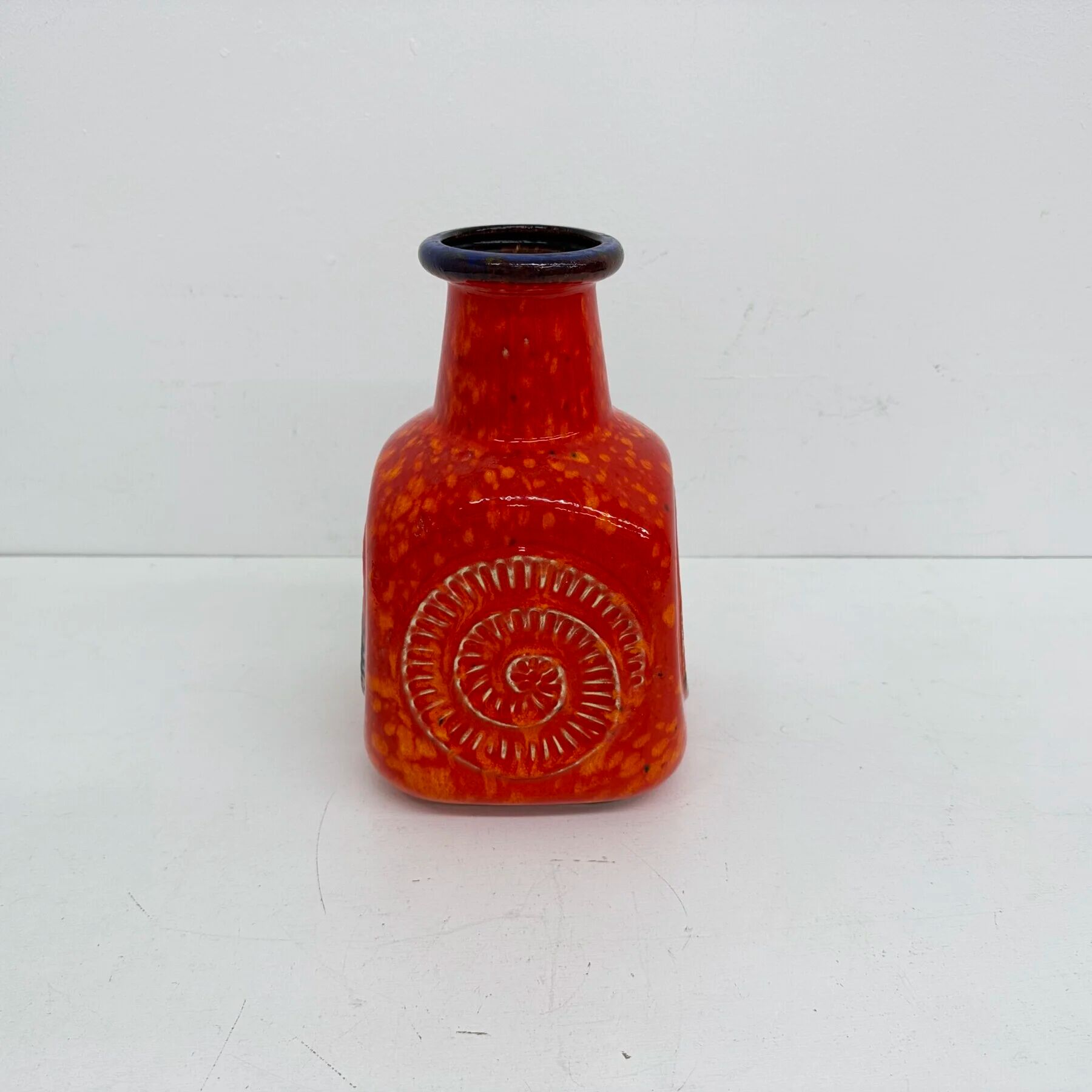 Scheurich West Germany Bay ceramic vase orange with blue fossils, 1970s