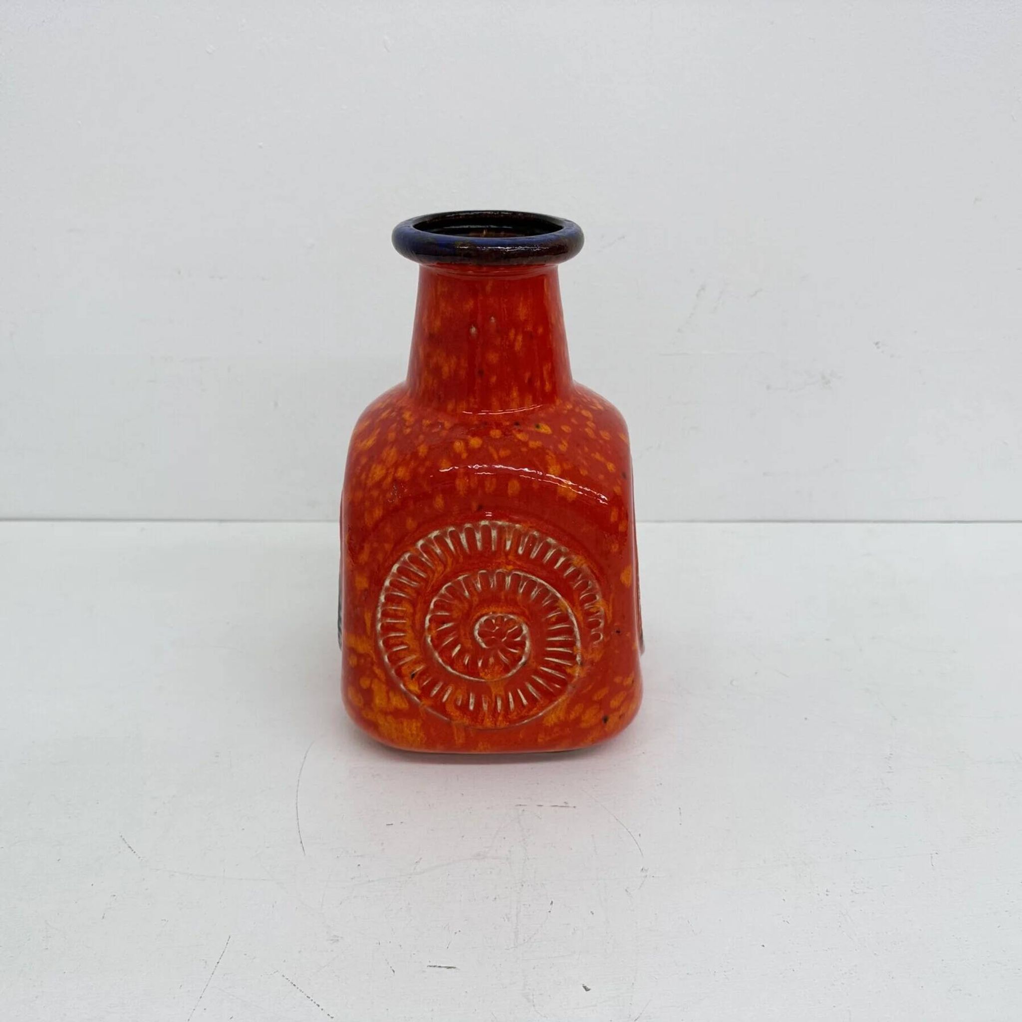 Scheurich West Germany Bay ceramic vase orange with blue fossils, 1970s