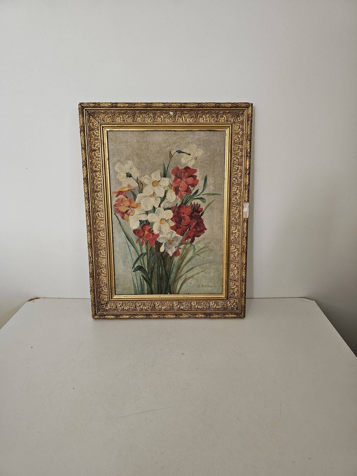 Oil on Canvas Painting - Still Life Flowers Bouquet with Dahlias Signed C D