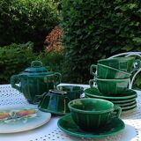Iridescent green tea or coffee service in Lunéville K&G earthenware. 6 cups and an Art Deco sugar bowl