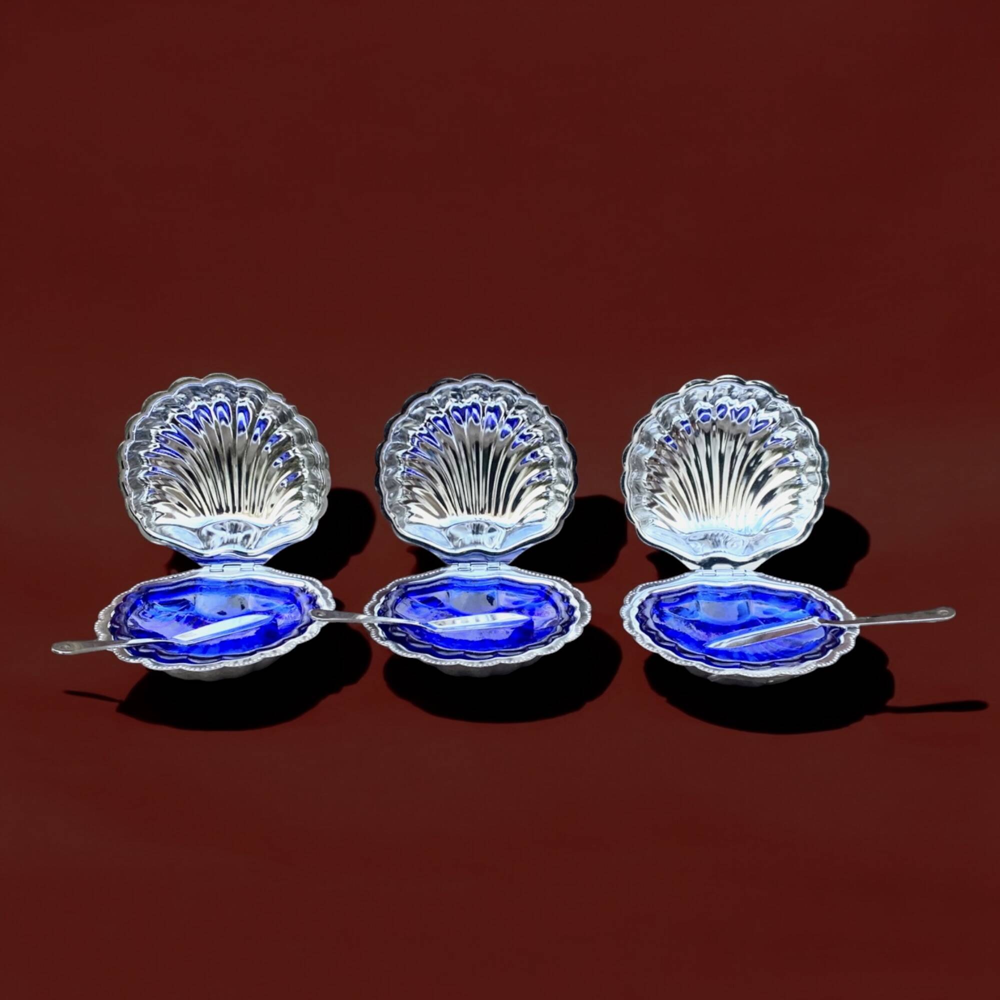 Set of 3 vintage shell butter dishes in stainless steel and cobalt blue glass