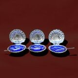 Set of 3 vintage shell butter dishes in stainless steel and cobalt blue glass