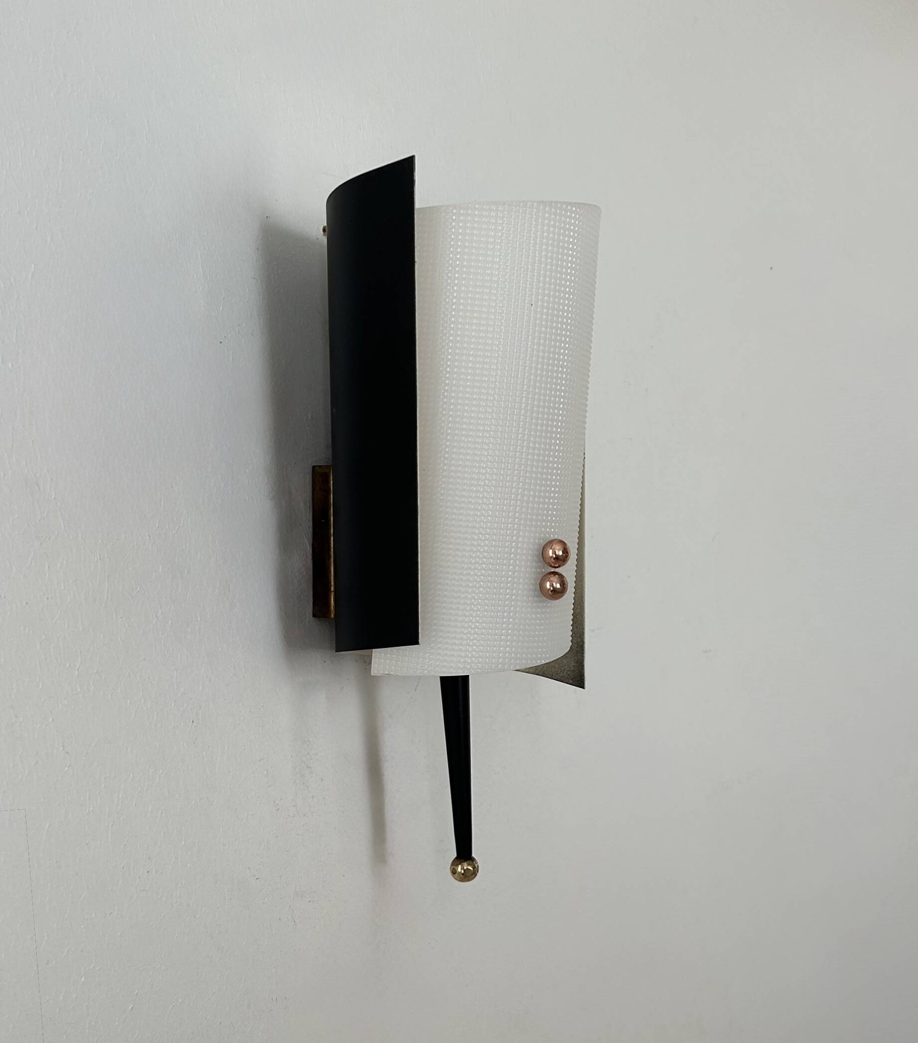 Vintage Jaques Biny wall lamp, black metal, brass and perpex, France 1960