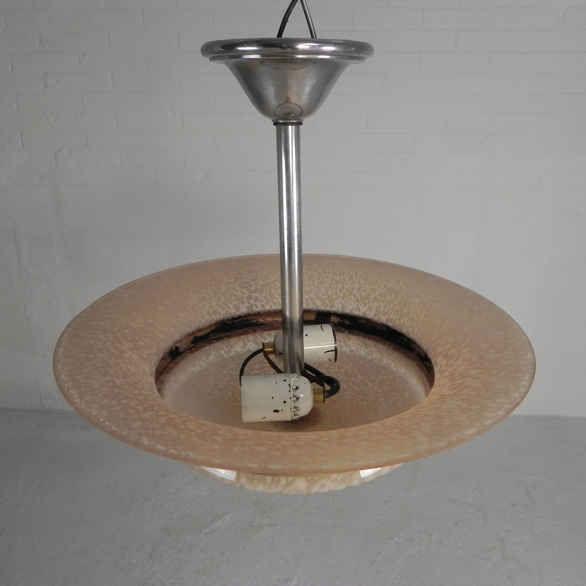 Art Deco suspension with cloudy glass shade and gold band, 1930s
