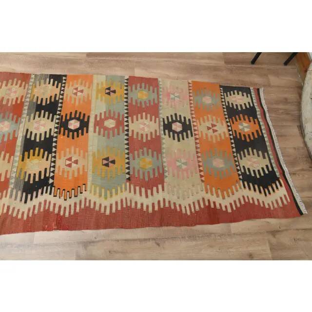 1970s Vintage Turkish Handmade Wool Cotton Orange Kilim Rug 97x295