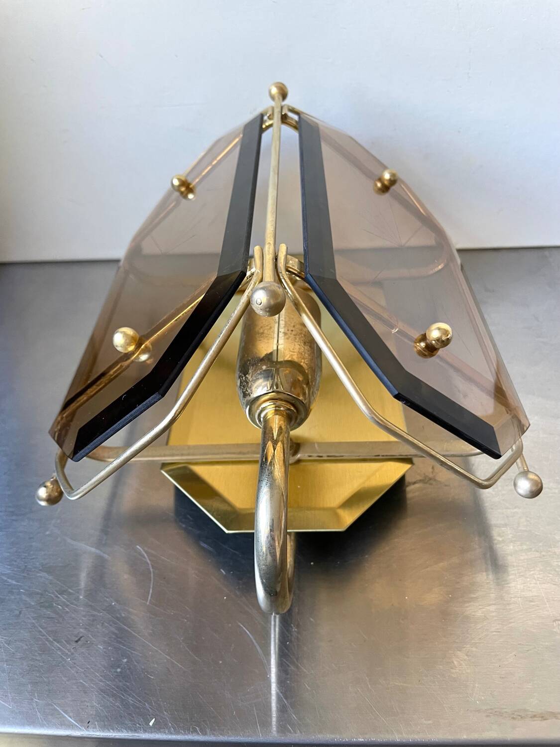 Scandinavian Vintage  wall light Sconce in Brass & Amber colored Glass