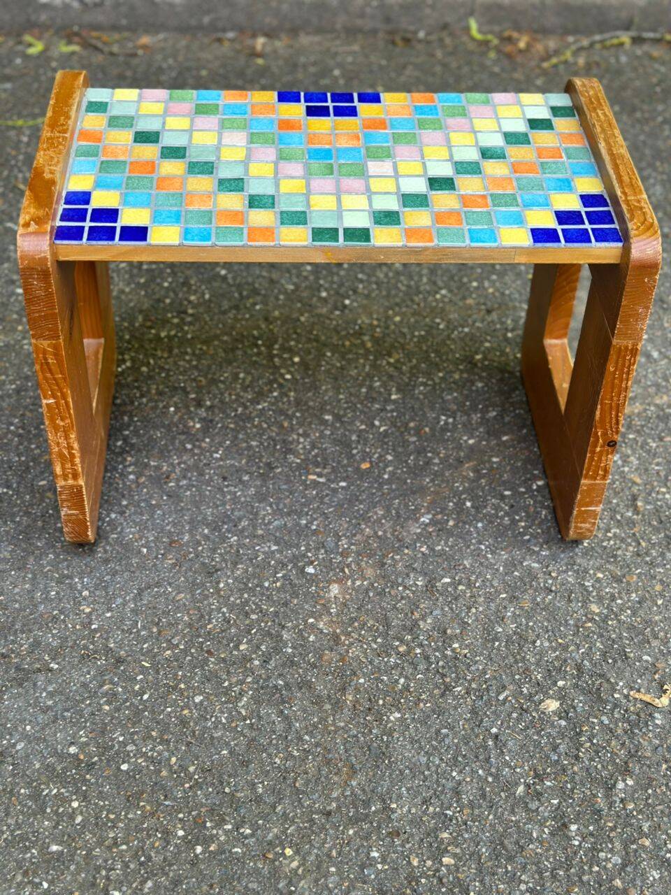 Vintage wooden and mosaic stool bench from the 1960s.
