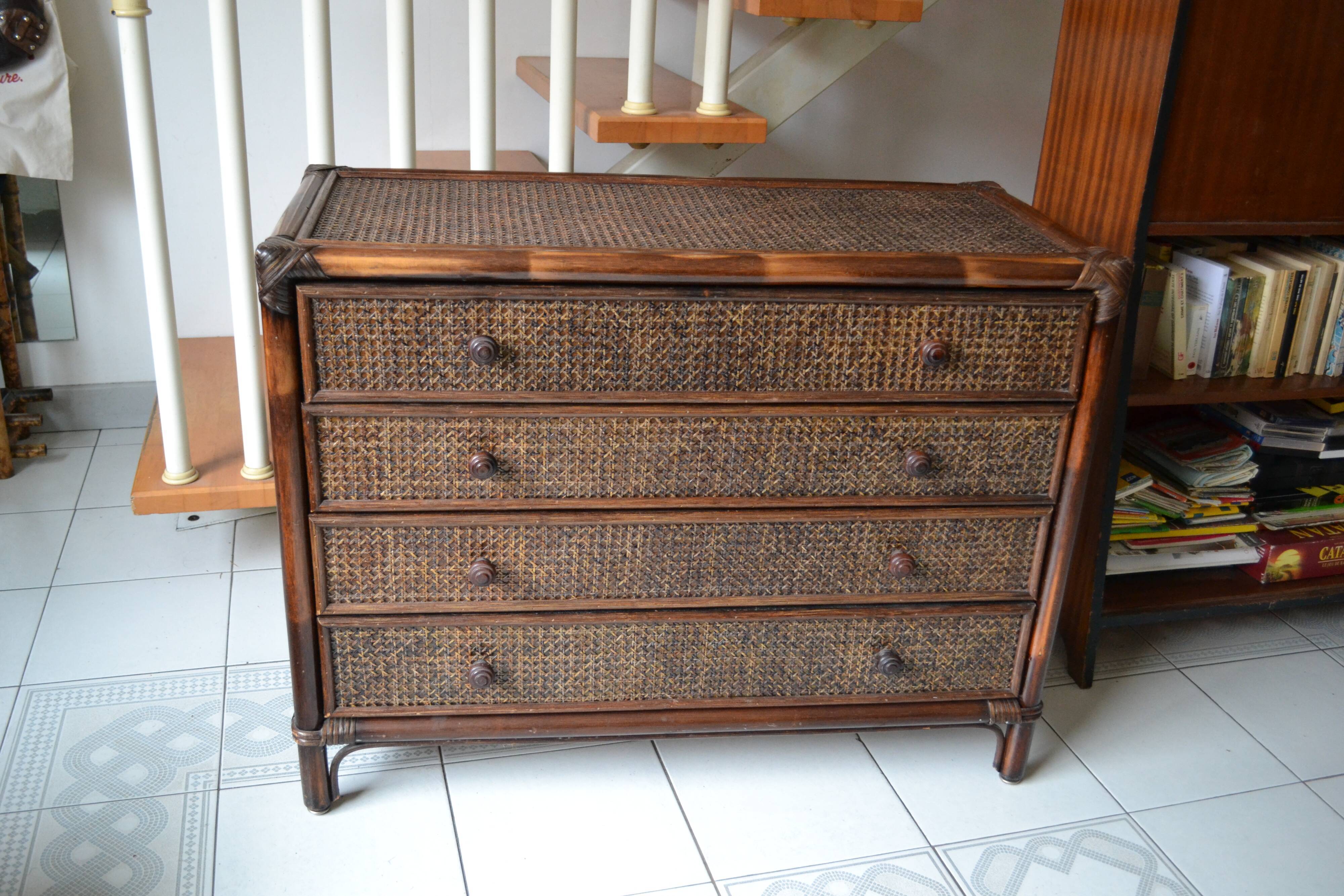 Vintage rattan bamboo chest of drawers