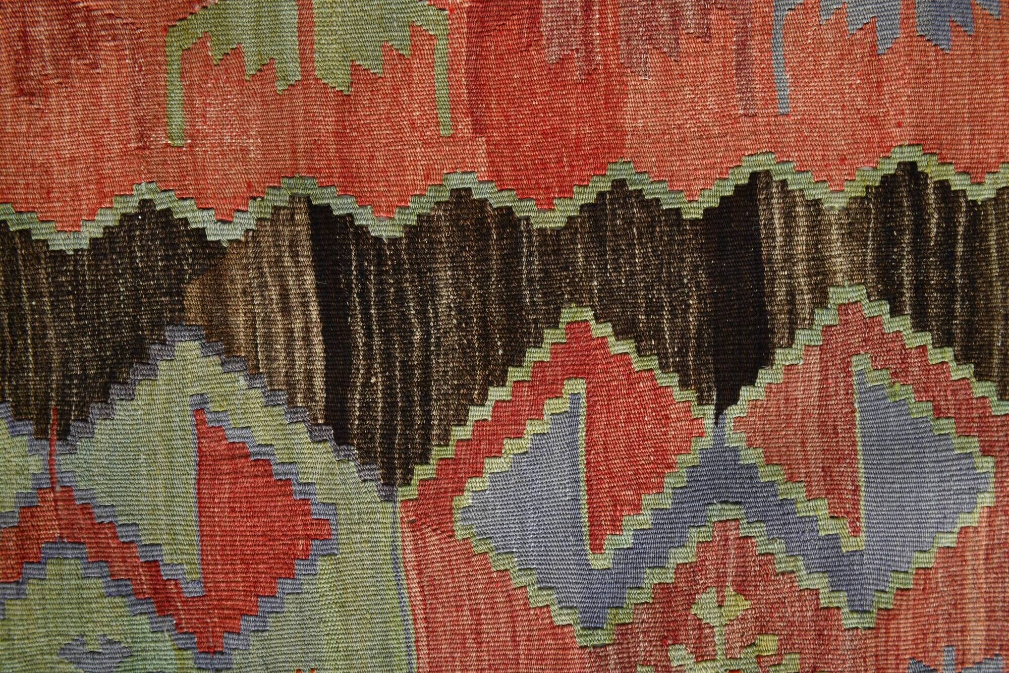 Vintage Red & Green Geometric Turkish Kilim Rug, 132x194Cm