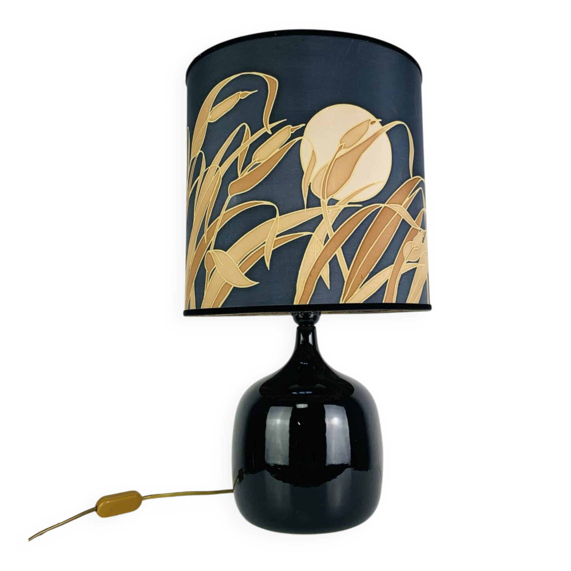 "Fig" lamp, black ceramic and silk shade, 1960s.