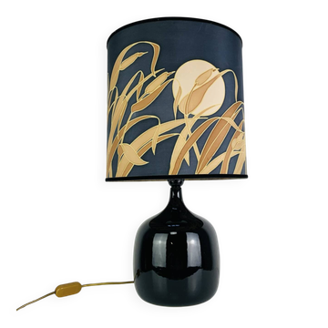 Lampe « figue » céramique noire et abat jour soie, années 60