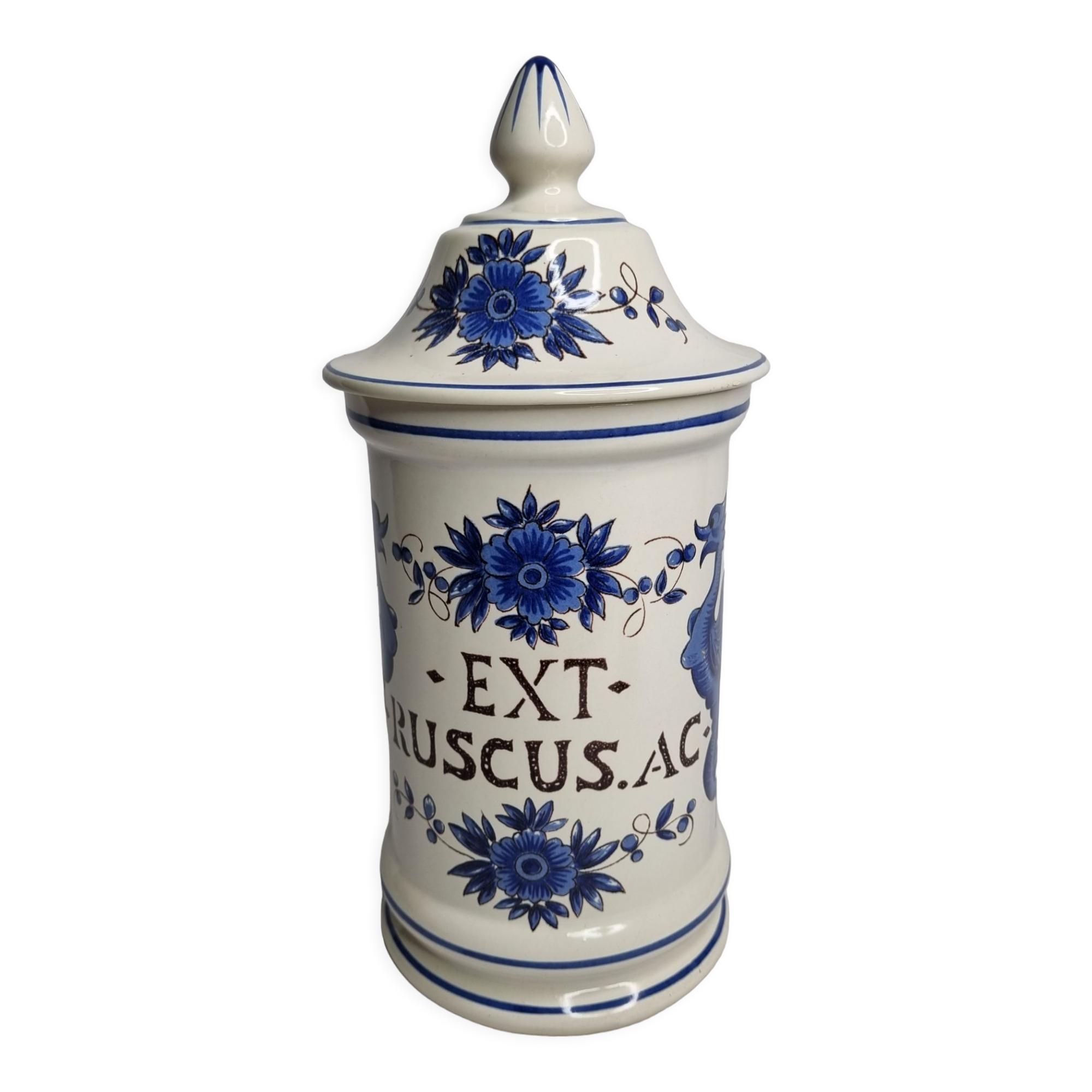Apothecary pot "Ex. ruscus" decorated with Chimera decoration in glazed ceramic of St-Clément, 31 cm