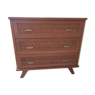 Commode pieds compas et rotin