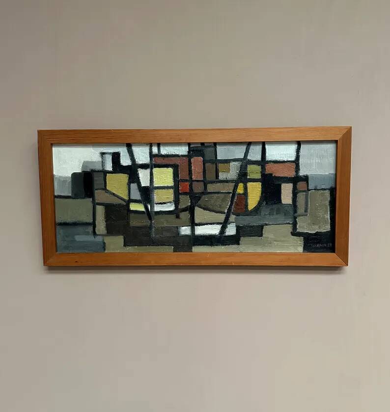 Original Swedish Oil on Canvas – “Abstract Composition” – Signed – Dated 1959 – Vintage & Framed – 77 × 35 cm