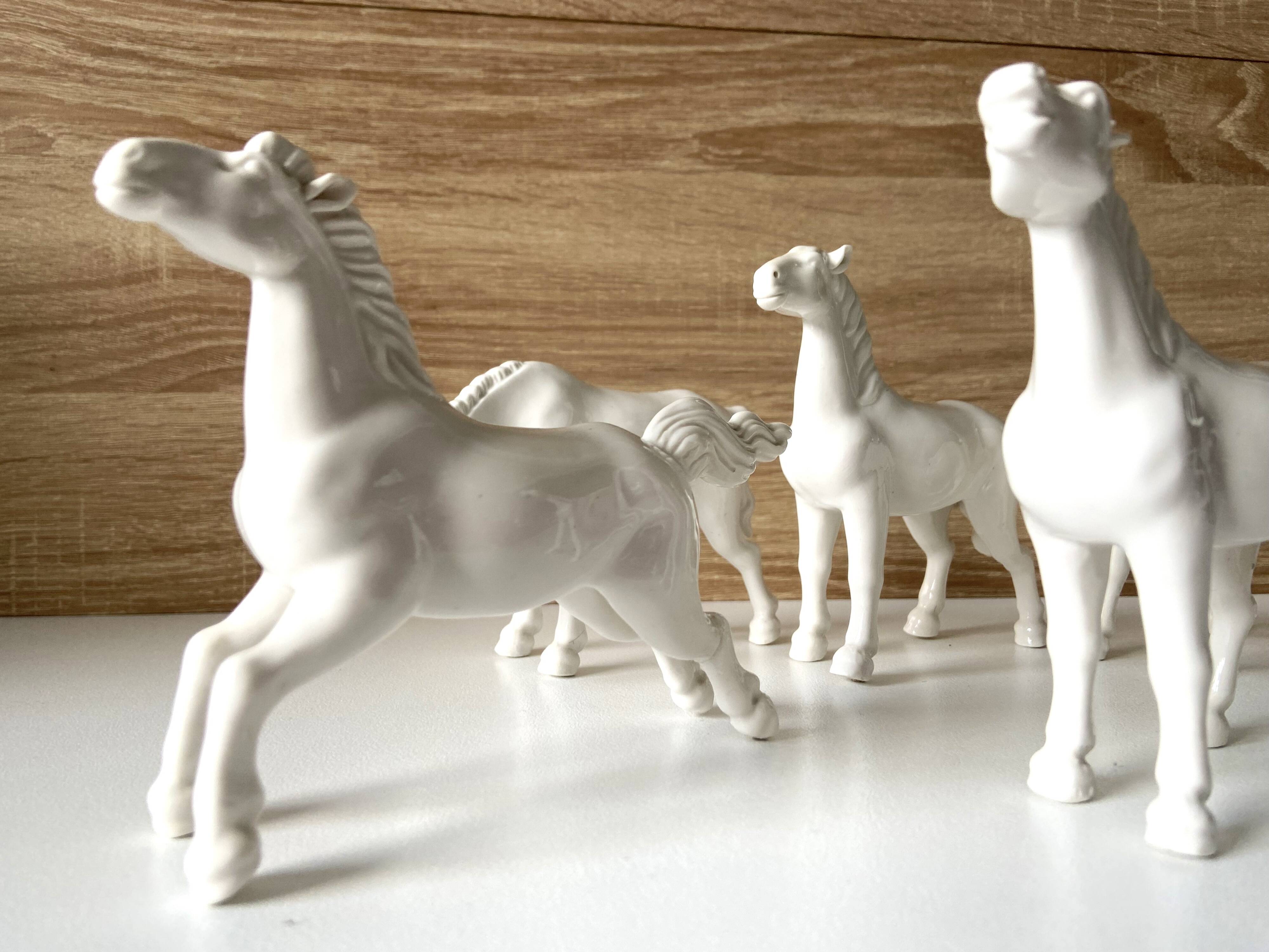 5 White Porcelain Glazed Horses of Happiness Figurines Statuettes