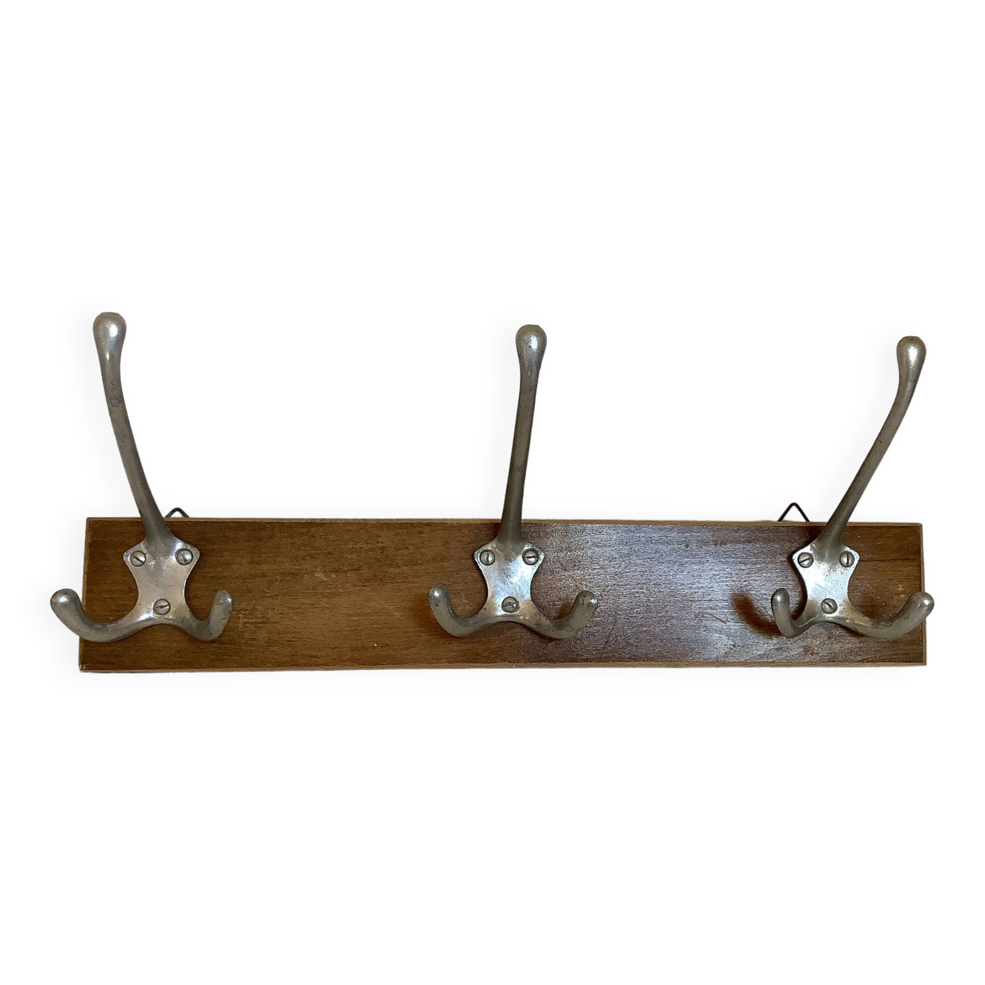 Old coat rack wood metal three hooks