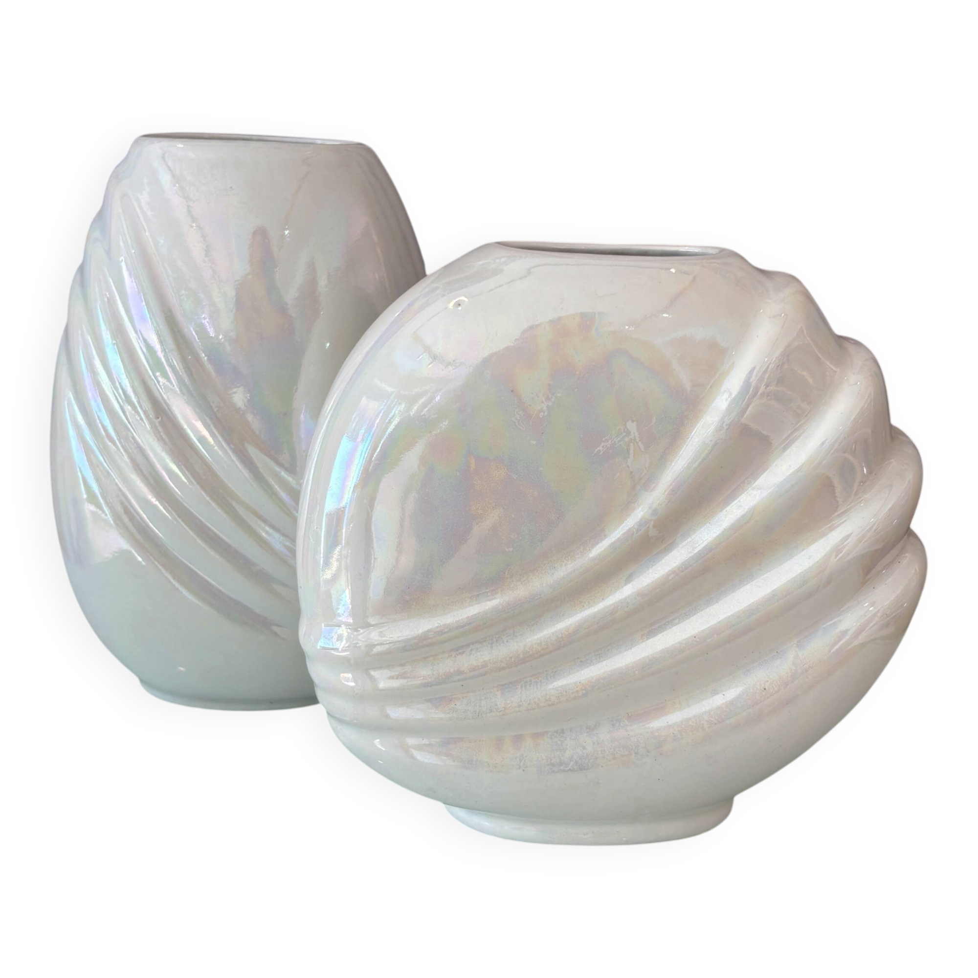 Pair of vintage iridescent white ceramic vases