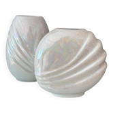 Pair of vintage iridescent white ceramic vases
