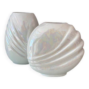 Pair of vintage iridescent white ceramic vases
