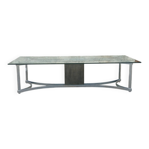 Table années 70 en verre et chrome 300 cm, 12 personnes