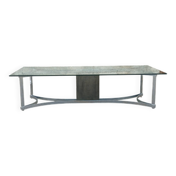 Table années 70 en verre et chrome 300 cm, 12 personnes
