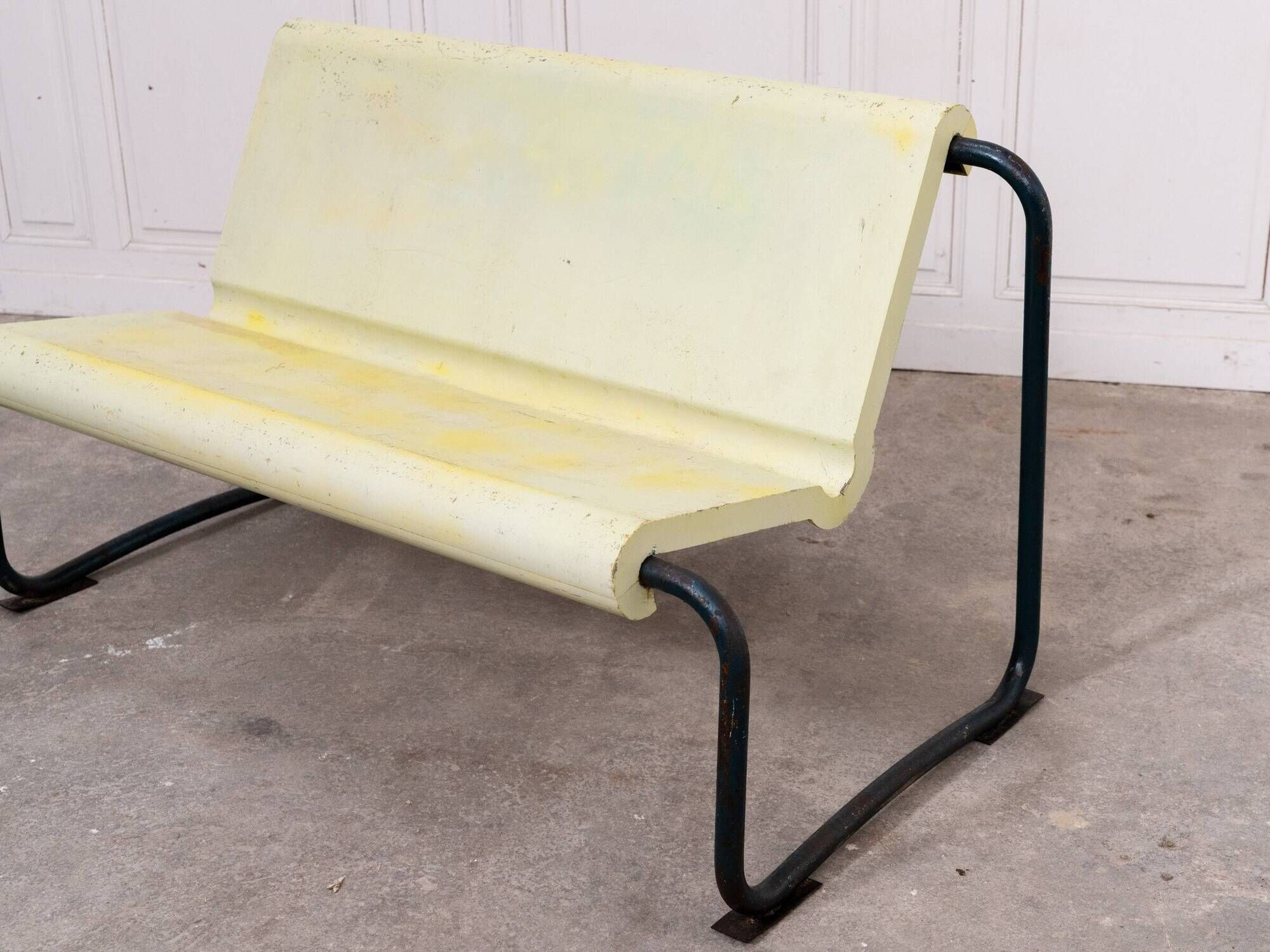 Rare Willy Guhl two-seater bench, original yellow patina, 1960.