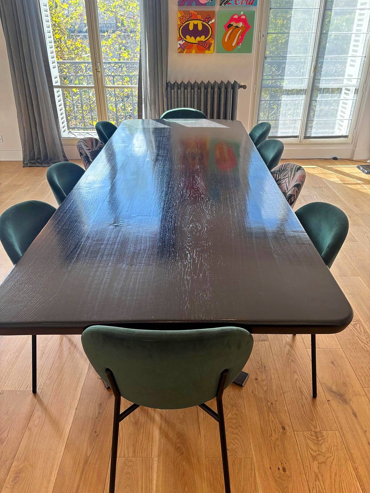 Large dining table in BS Style made of black oak and iron.