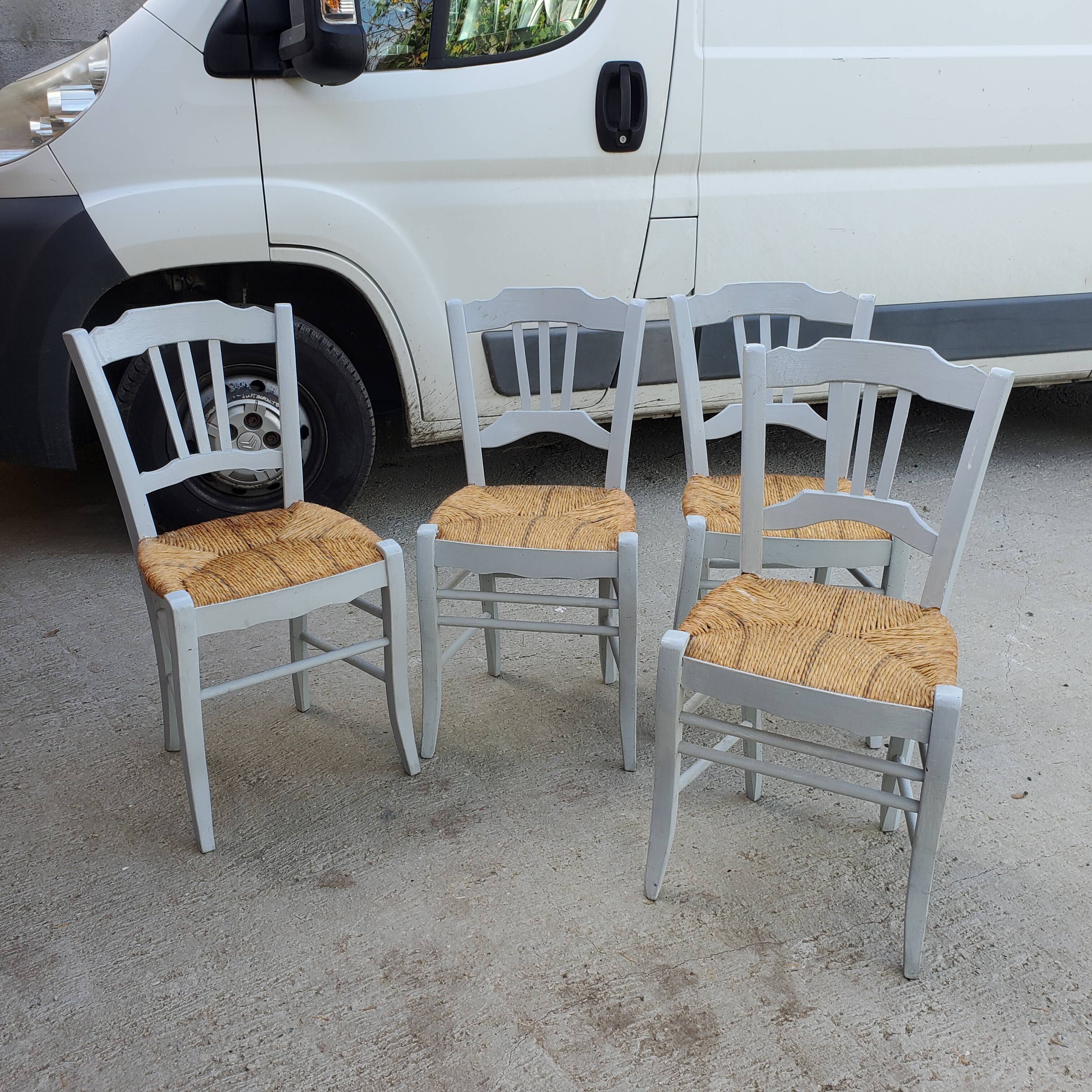 Set of 4 antique and repainted straw chairs