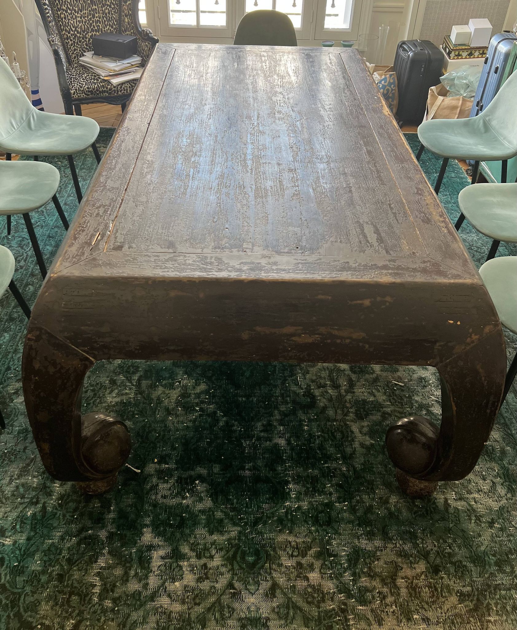 Large antique Chinese black table made of patinated solid wood.