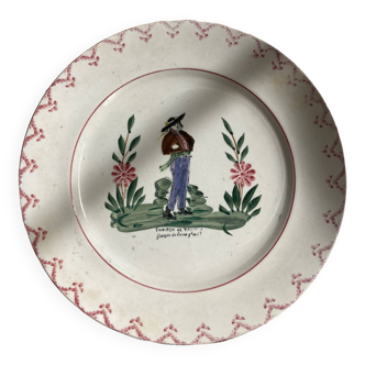 Old plate, regional type in earthenware, Breton around Vannes, farm boy