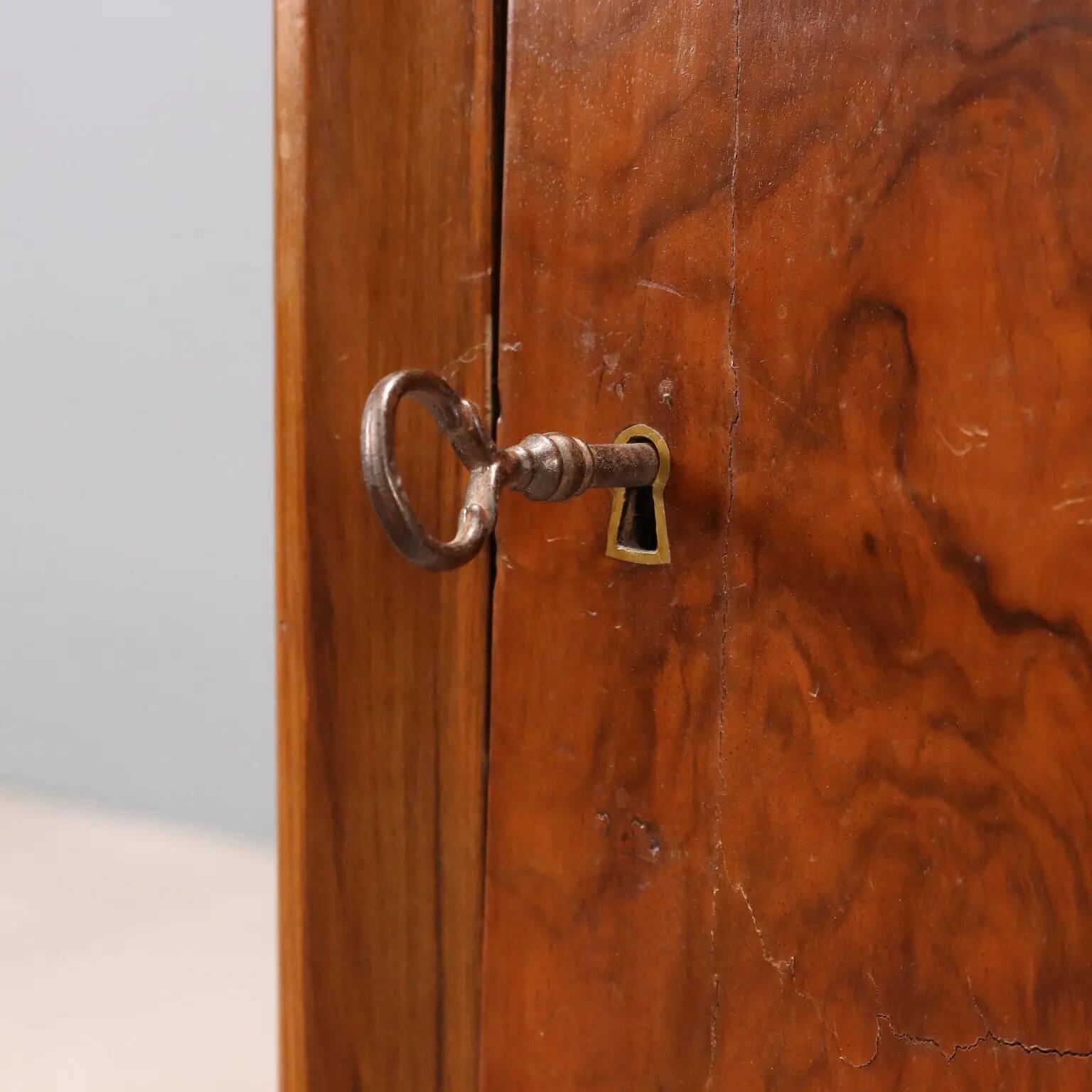 Antique walnut and walnut burl bedside table, Italy, 19th century.