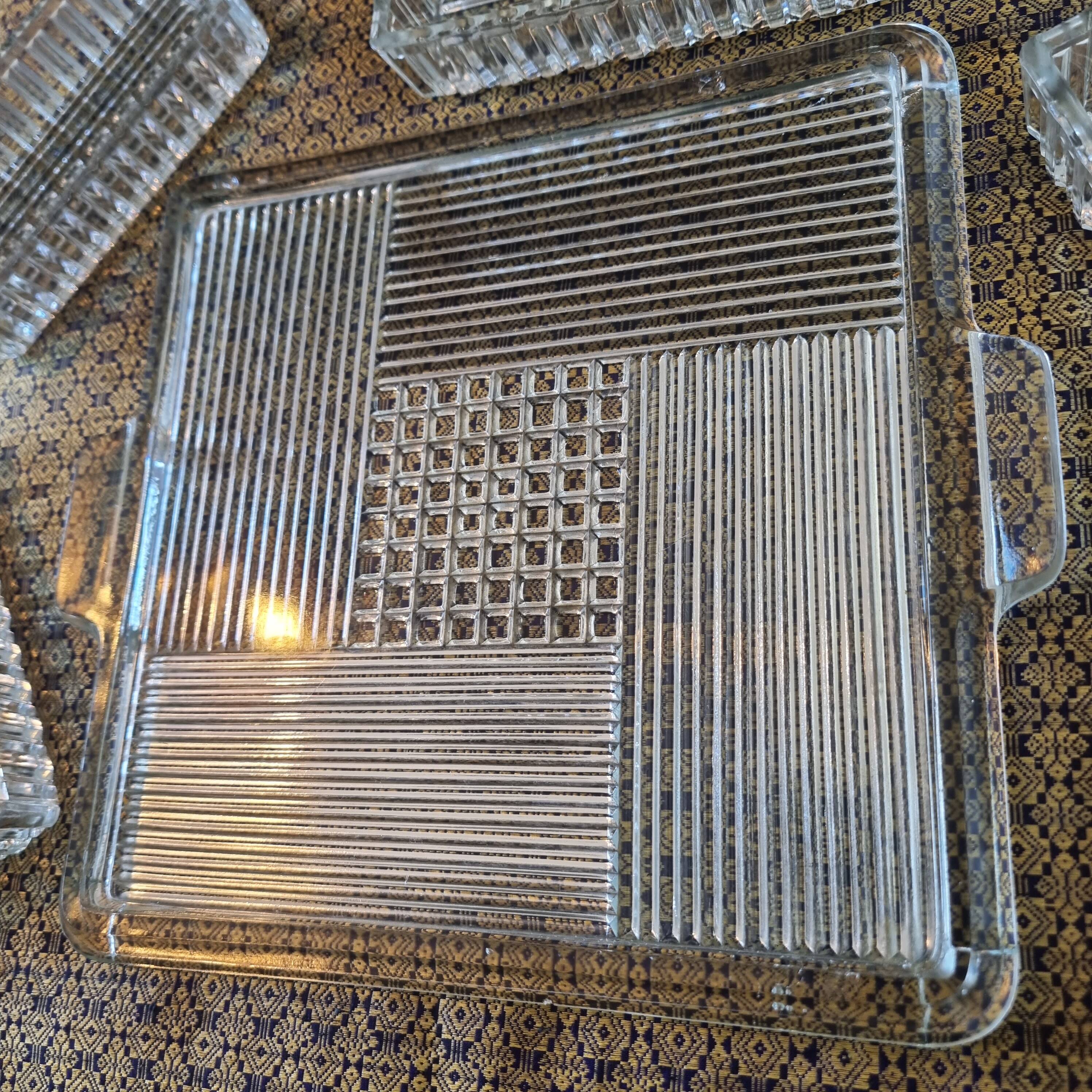 Large 6-piece aperitif tray in French molded rock crystal from the 50s and 60s