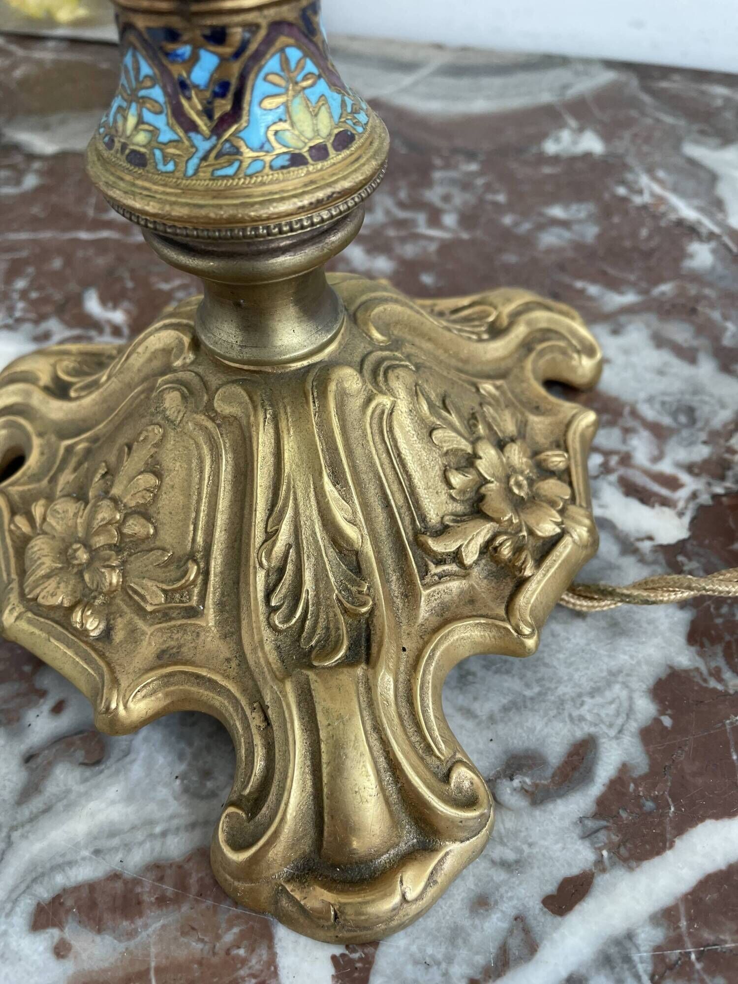 Antique, lamp, bronze, candle holder, gold, cloisonné enamel, ecru white lampshade, flower decor, leaf