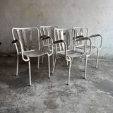 Ensemble de 4 chaises de jardin vintage en métal blanc et bois avec structures tubulaires en acier