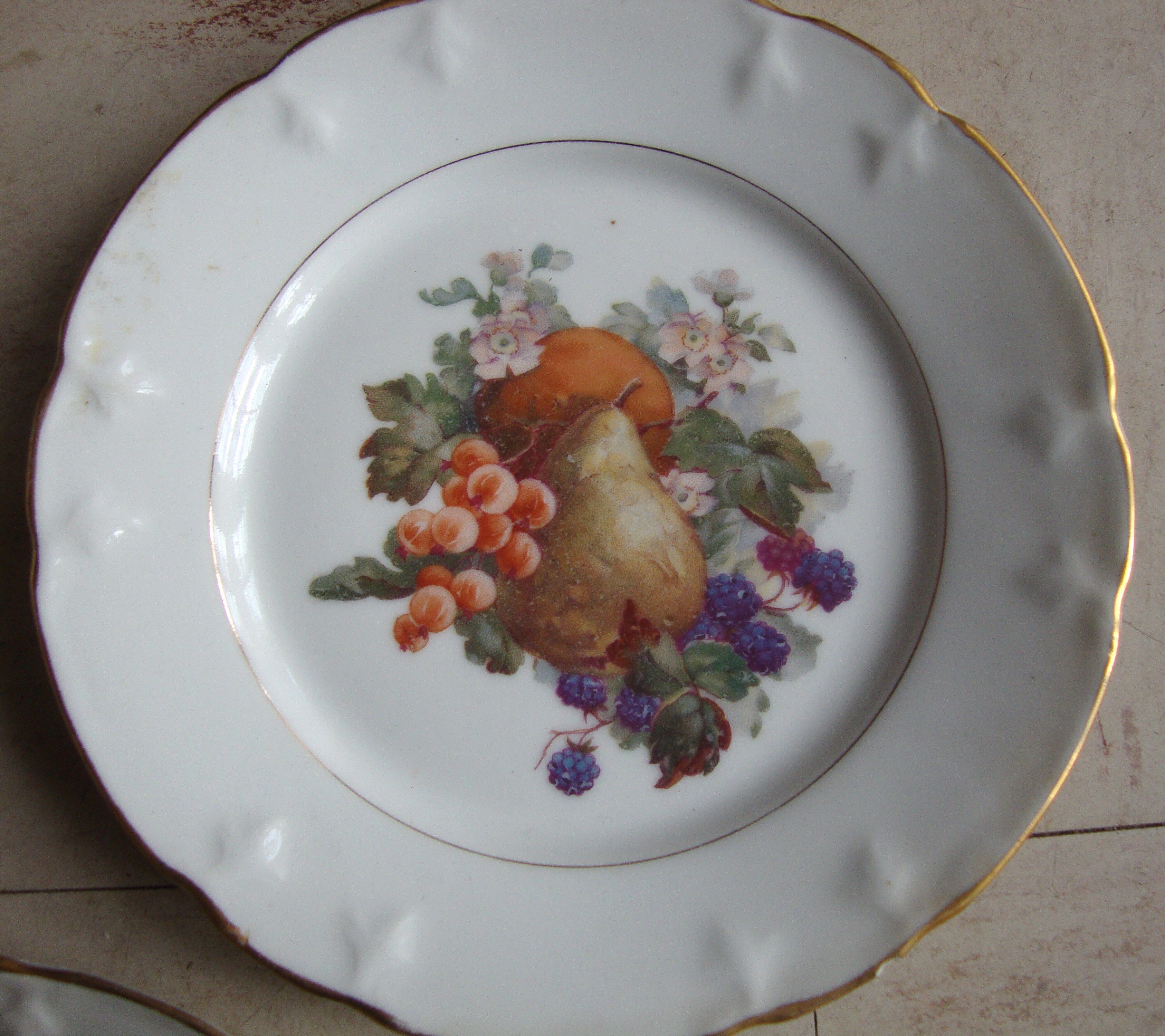 Set of 5 antique Limoges porcelain plates L.J.V with fruit decoration