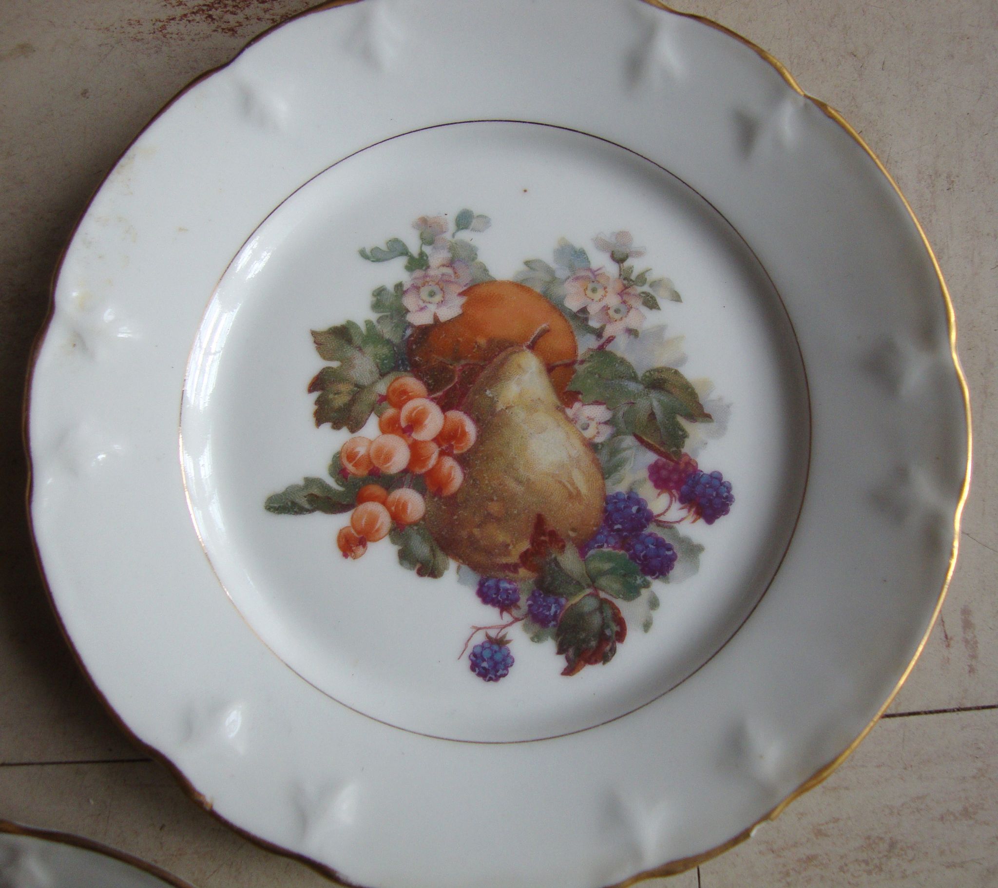 Set of 5 antique Limoges porcelain plates L.J.V with fruit decoration