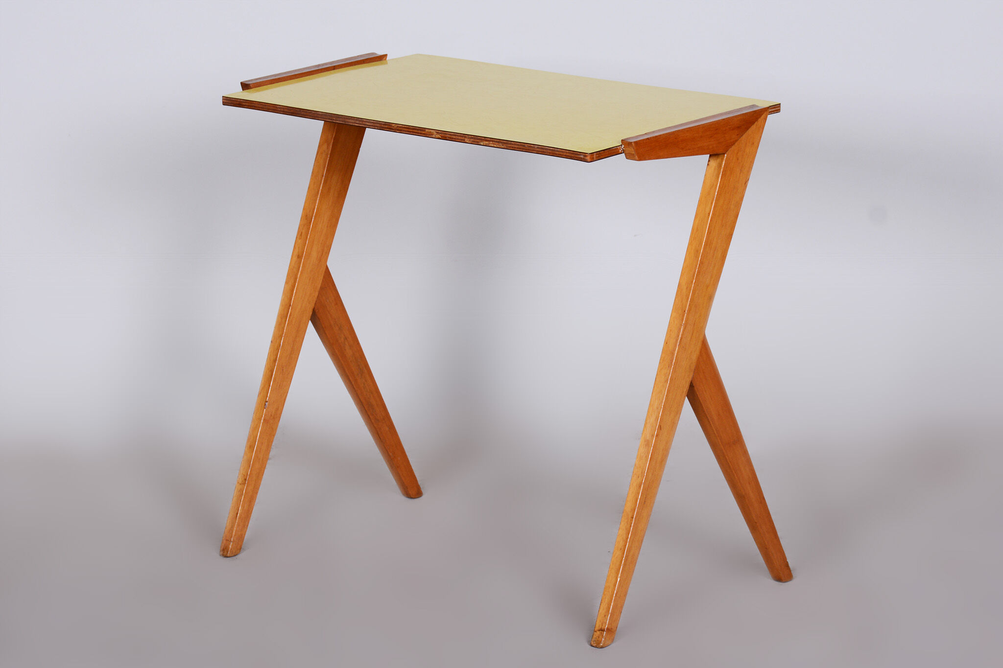 Midcentury small yellow table, beech, umakart, restored, Czechia, 1950s