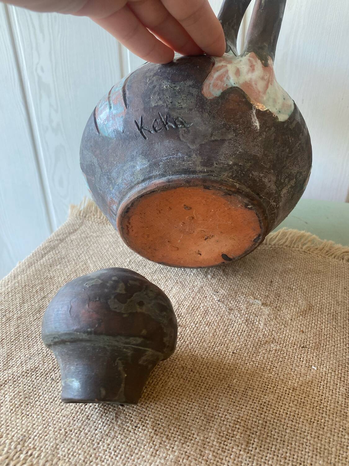 Enamelled terracotta teapot signed Keka
