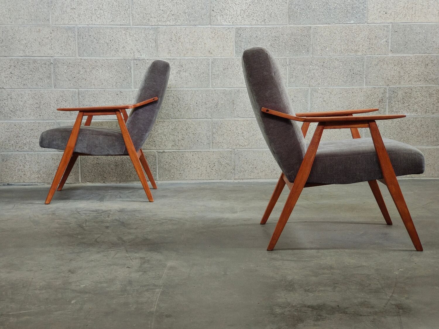 Pair of armchairs czechoslovakian midcentury renovated gray velvet