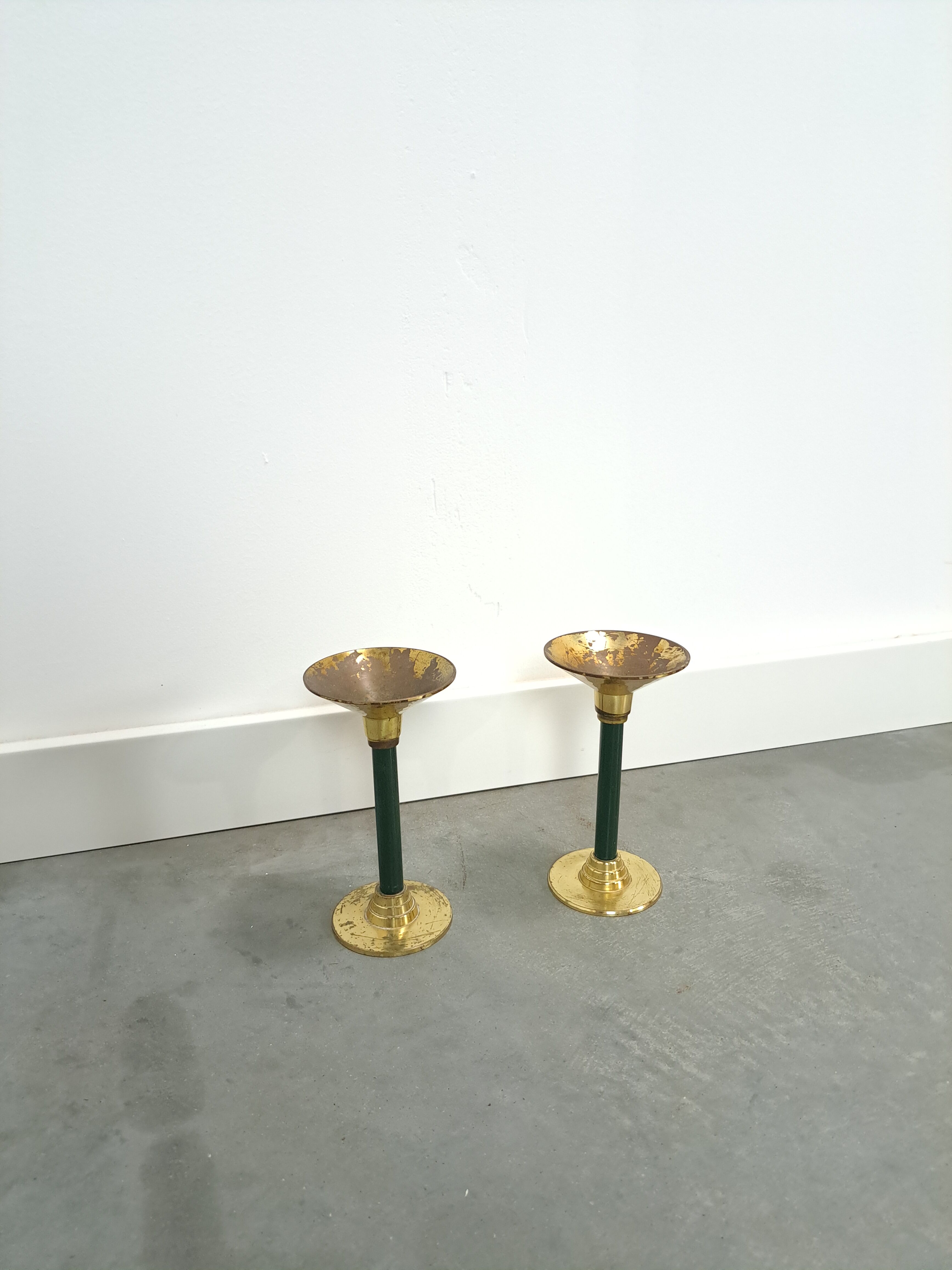 Brass candlesticks with dark green vintage