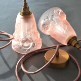 Pair of art nouveau style pendants in pink molded glass