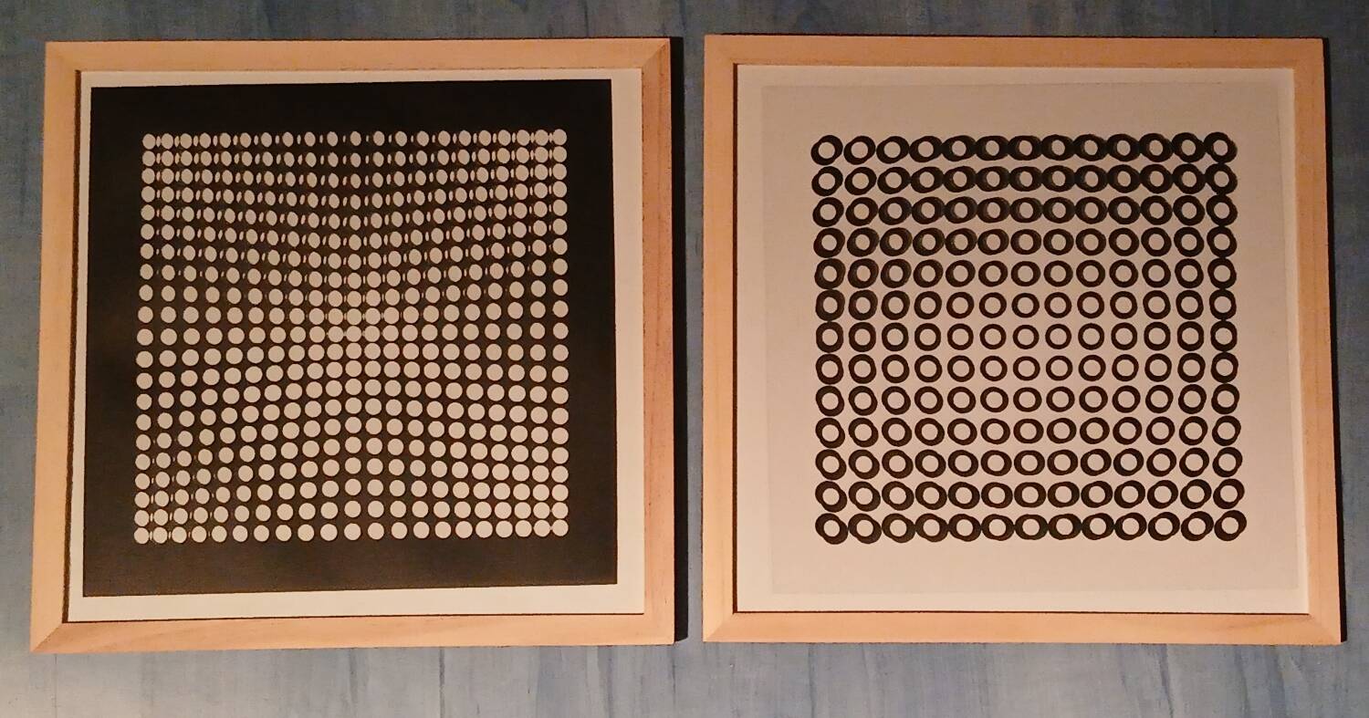 Two Vintage Vasarely Tableaux - Optical Art - Wooden Frames 30x30cm