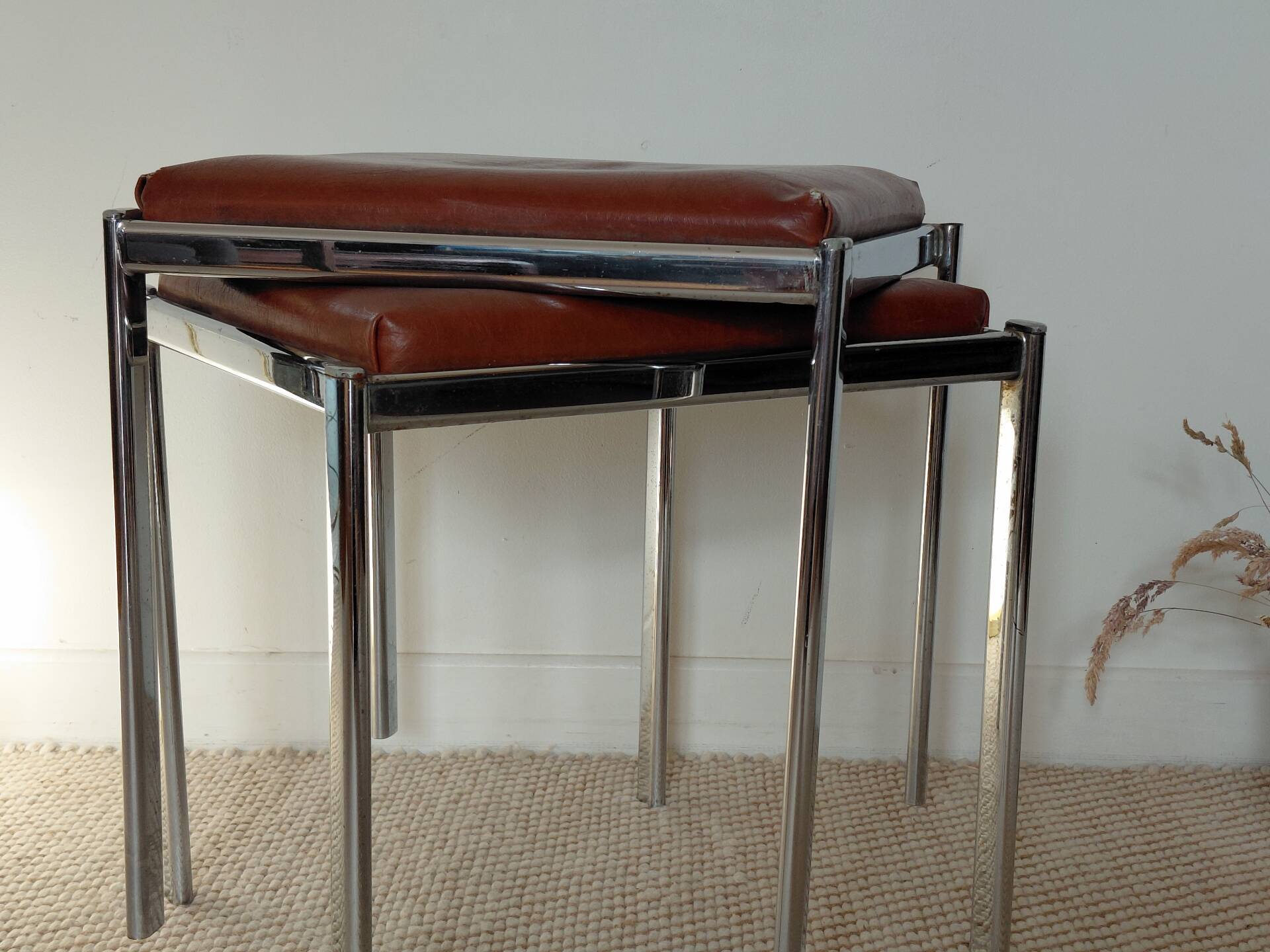 Pair of vintage stackable stools in faux leather and chrome - 70s