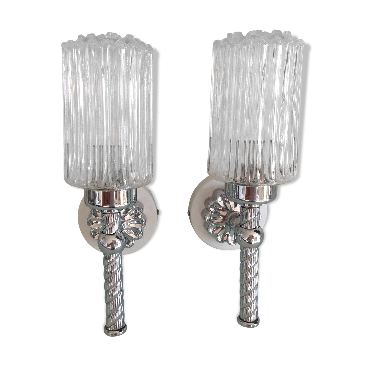 Pair of torch  in glass and chrome metal / vintage 70s wall light