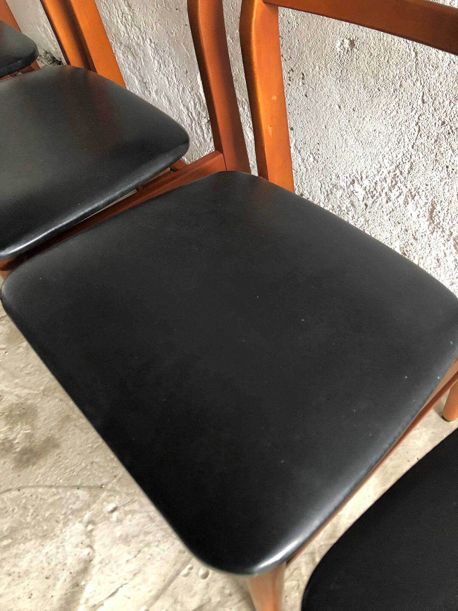 Set of 4 wooden and black imitation leather chairs, Scandinavian chair, wooden chair