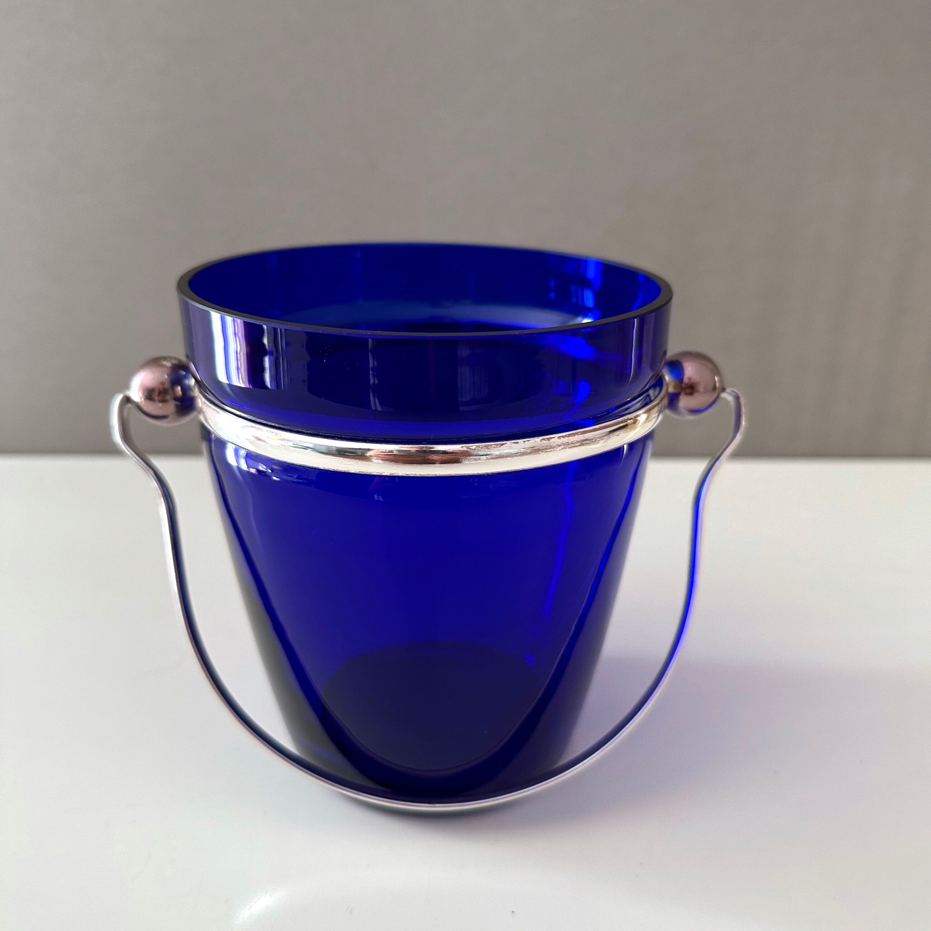 Ice bucket blue, ice cooler silver plated, mid century bareware