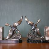 Pair of art deco seagull bookends in regulates and marble, bookcase, desk
